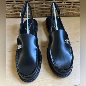 CHANEL Black Slingback Loafers with Crystal Logo
